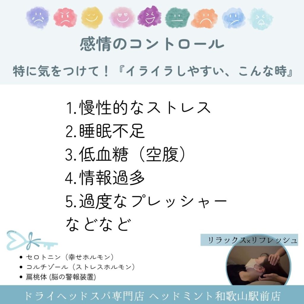 特に気をつけて!『イライラしやすい、こんな時』
慢性的なストレス
睡眠不足
低血糖(空腹)
情報過多
過度なプレッシャー
などなど