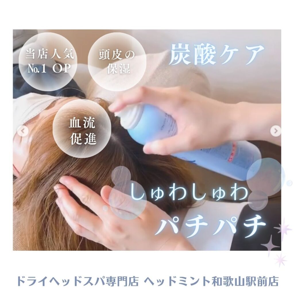 当店人気ナンバーワン!オプション
炭酸ケア
頭皮の血行促進、頭皮の保湿(乾燥対策)など
しゅわしゅわ パチパチ
ドライヘッドスパ専門店ヘッドミント和歌山駅前店